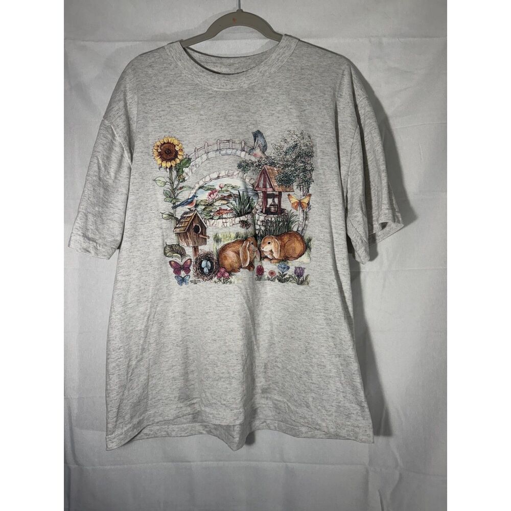 Vintage 90s Yuri Sports Wear XL Rabbit Garden Nature Graphic T-Shirt USA